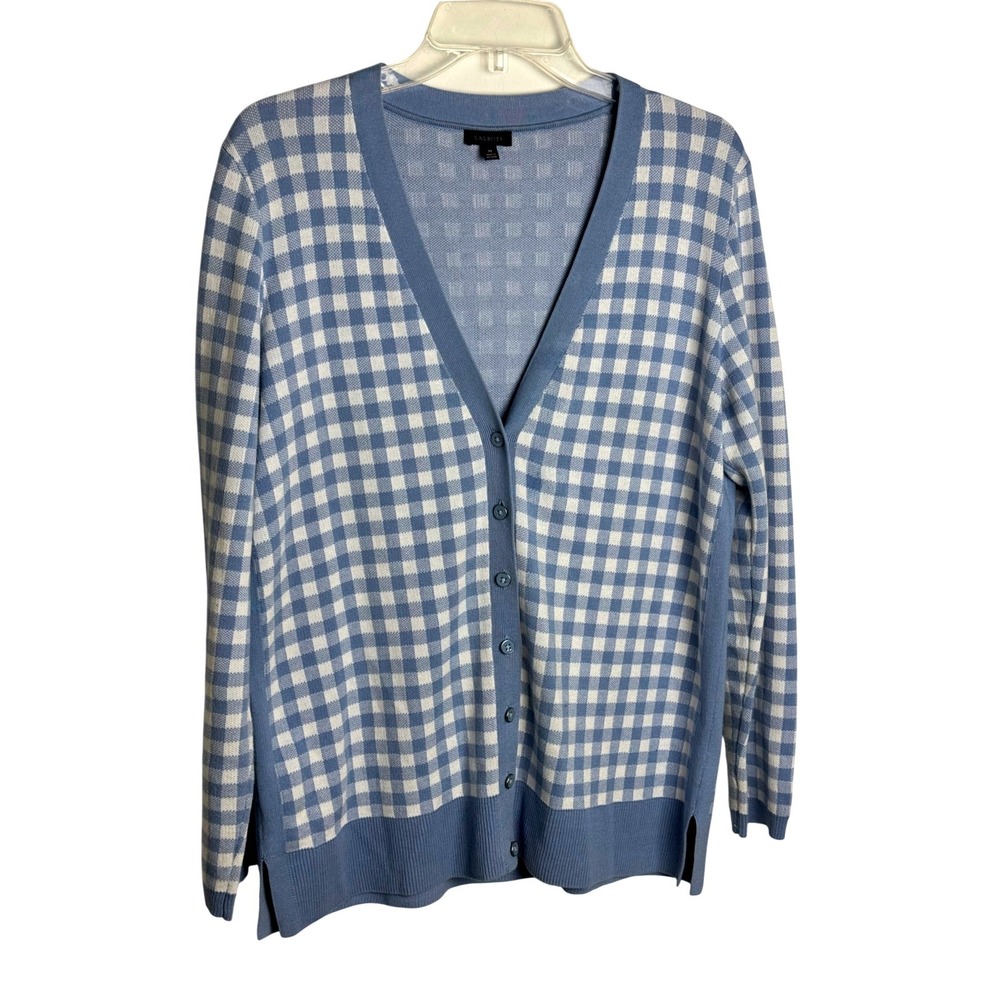Talbots Blue White Gingham Check Cardigan Sweater V-Neck Button Front Womens M
